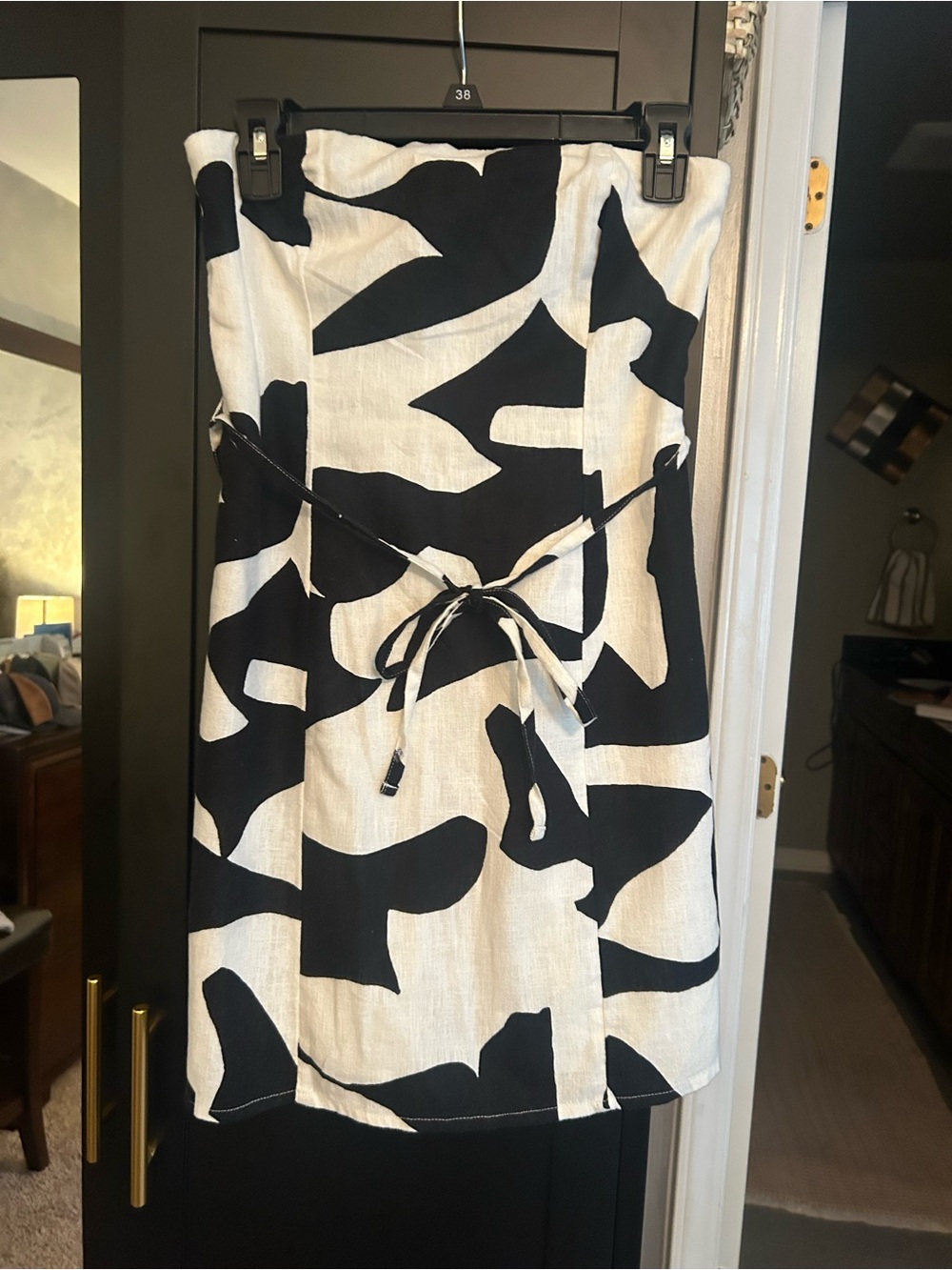 Black & White Strapless Tie-Waist Linen Skort Dress